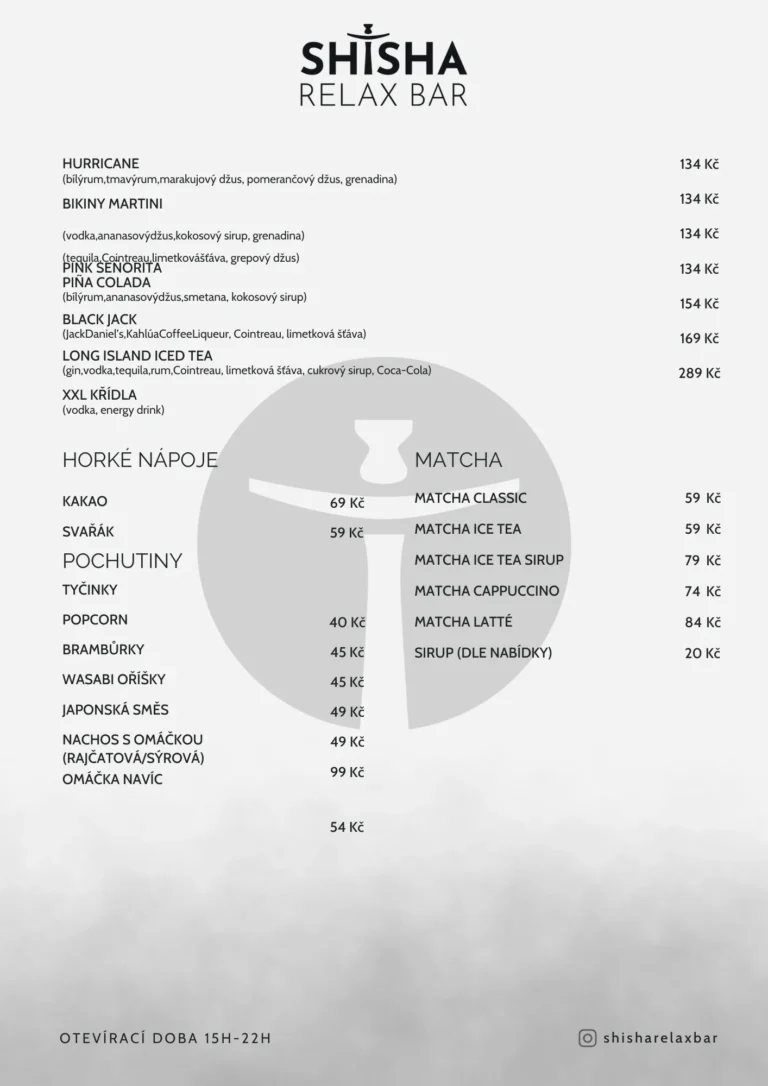 Míchané drinky a nealkoholické nápoje v Shisha Relax Bar – Mojito, Cuba Libre, Gin Tonic, Camaso a další.