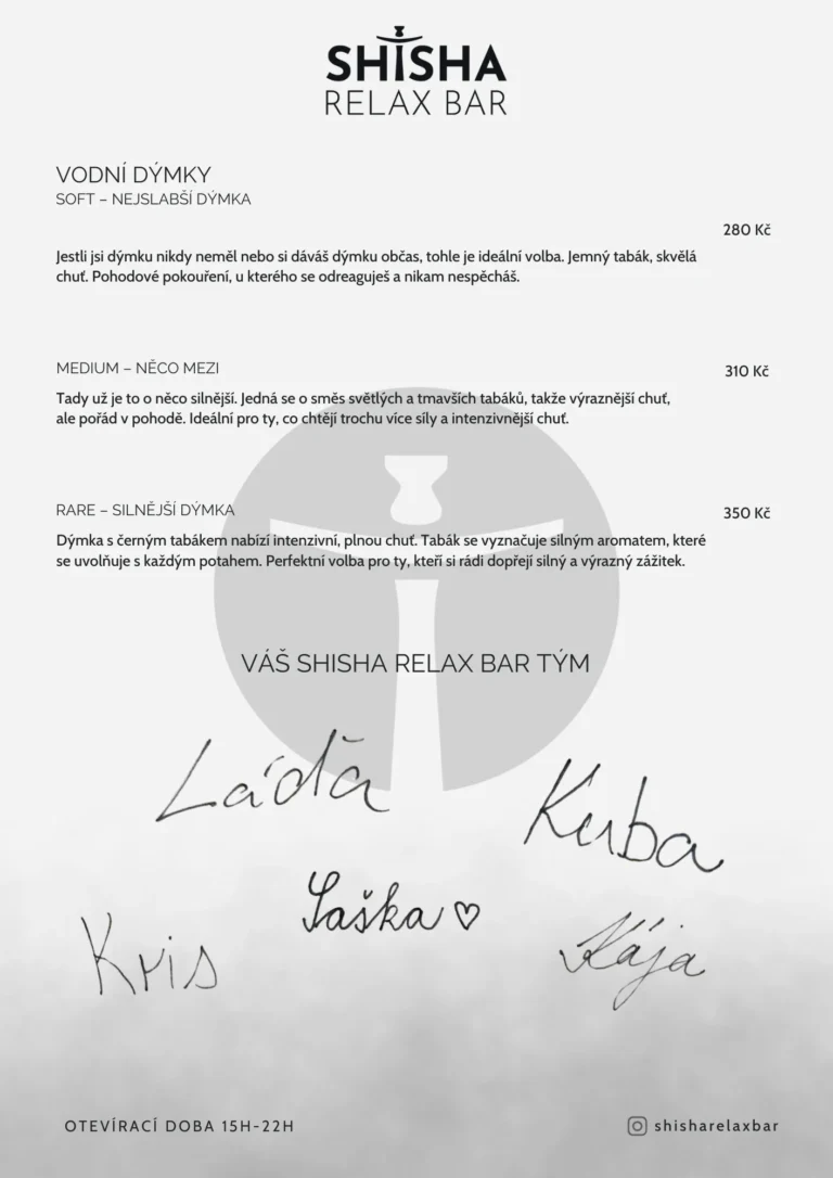 Nabídka vodních dýmek v Shisha Relax Bar Frýdek-Místek – Soft, Medium a Rare.