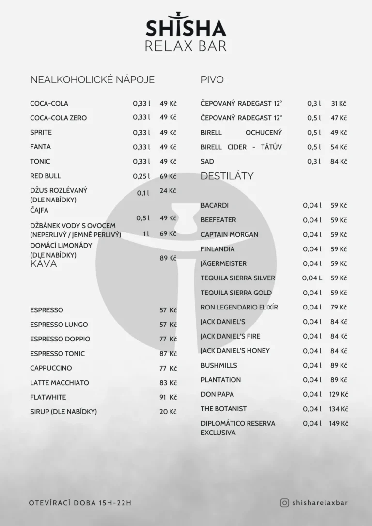 Nealkoholické nápoje, čepované pivo Radegast a destiláty v Shisha Relax Bar Frýdek-Místek.