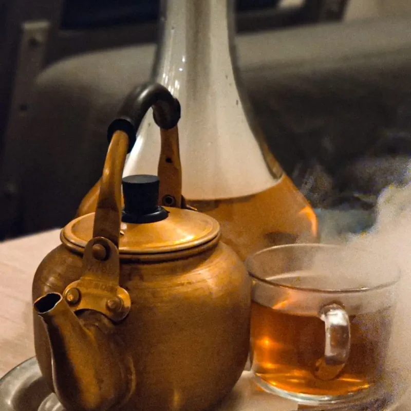Čajová konvice se skleničkou čaje v Shisha Relax Baru Frýdek-Místek.